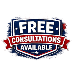 Blue and red badge reading “FREE CONSULTATIONS AVAILABLE” with white text and stars
