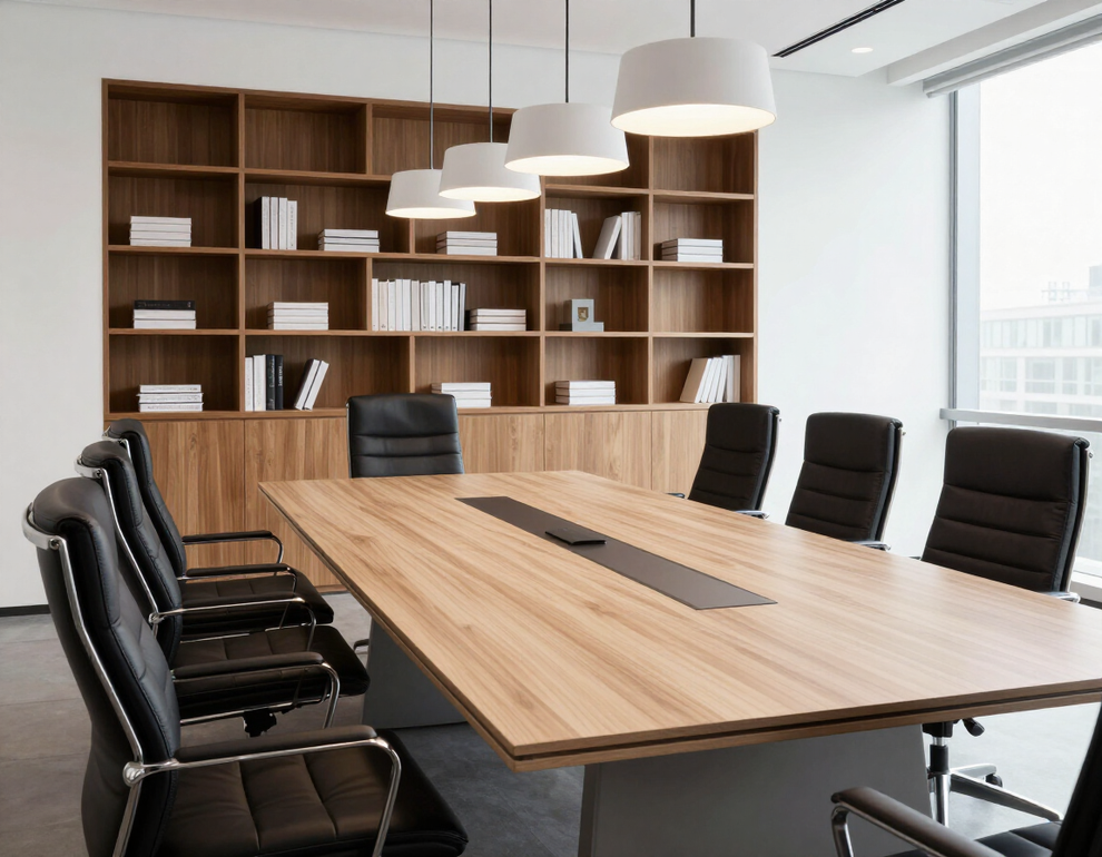 Sala riunioni moderna con tavolo direzionale e sedie ergonomiche
