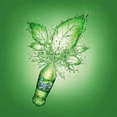 Green soda bottle splashing into leaf-shaped water spray on a green background