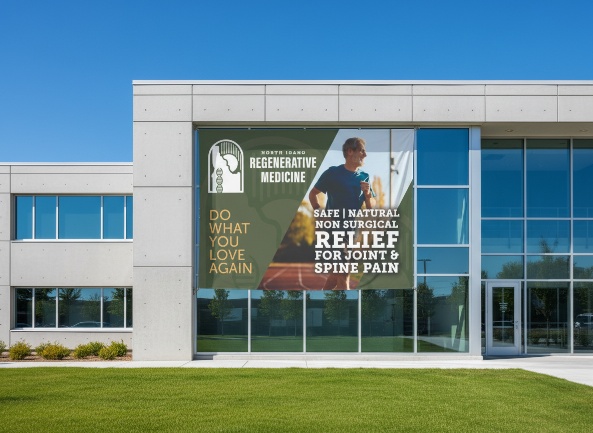 Building with large banner reading “Relief on the Road” beside a glass entrance and green lawn
