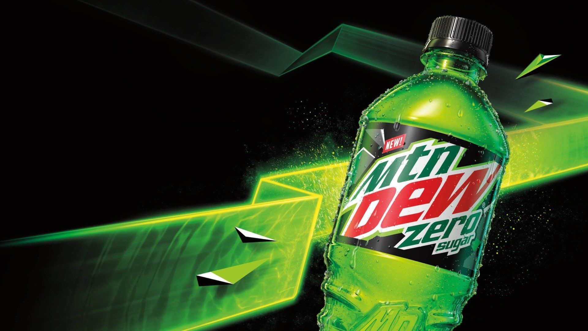 Mountain Dew Zero bottle on a neon green and black background with bright streaks