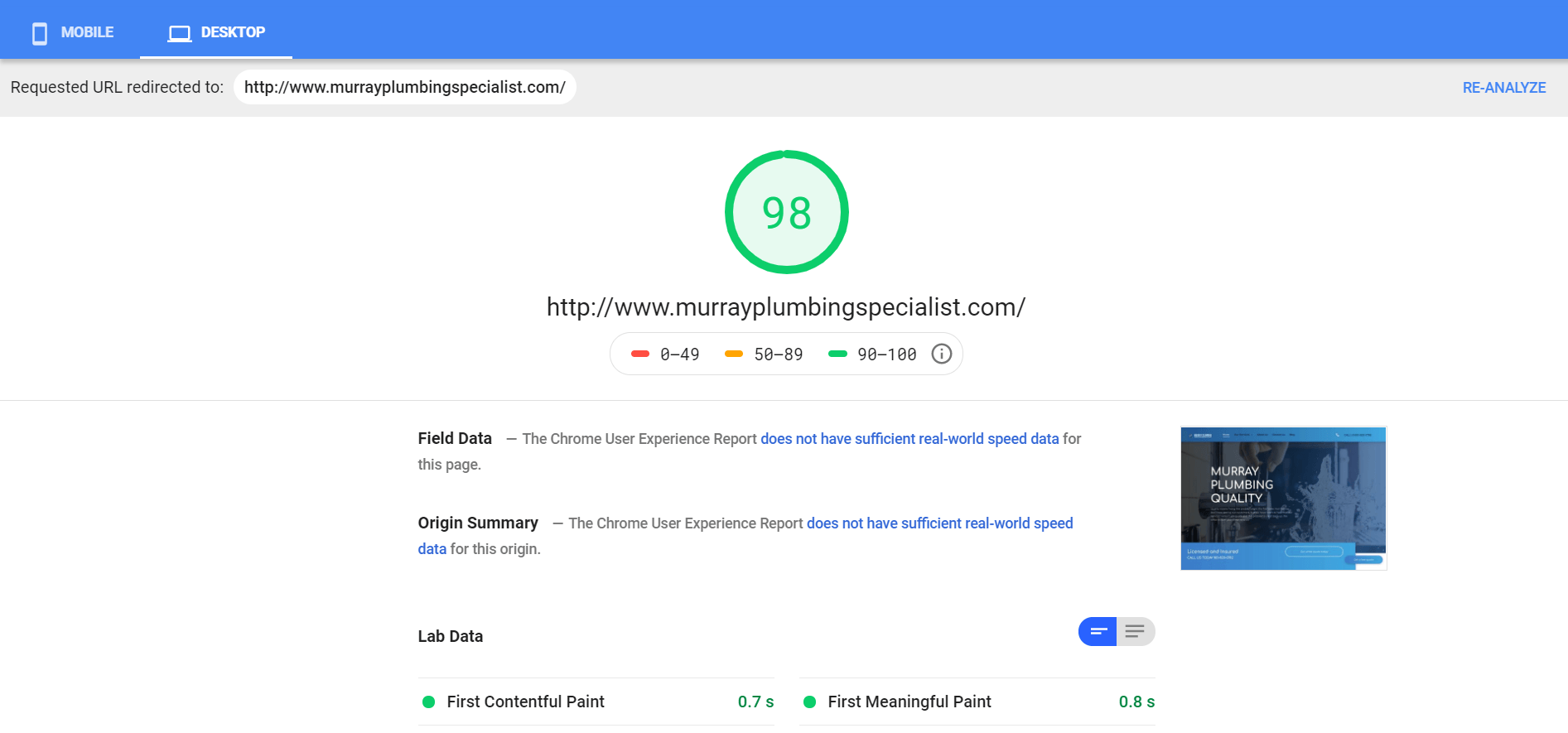 Google PageSpeed Insights report showing a score of 98 with performance details and a mobile page preview