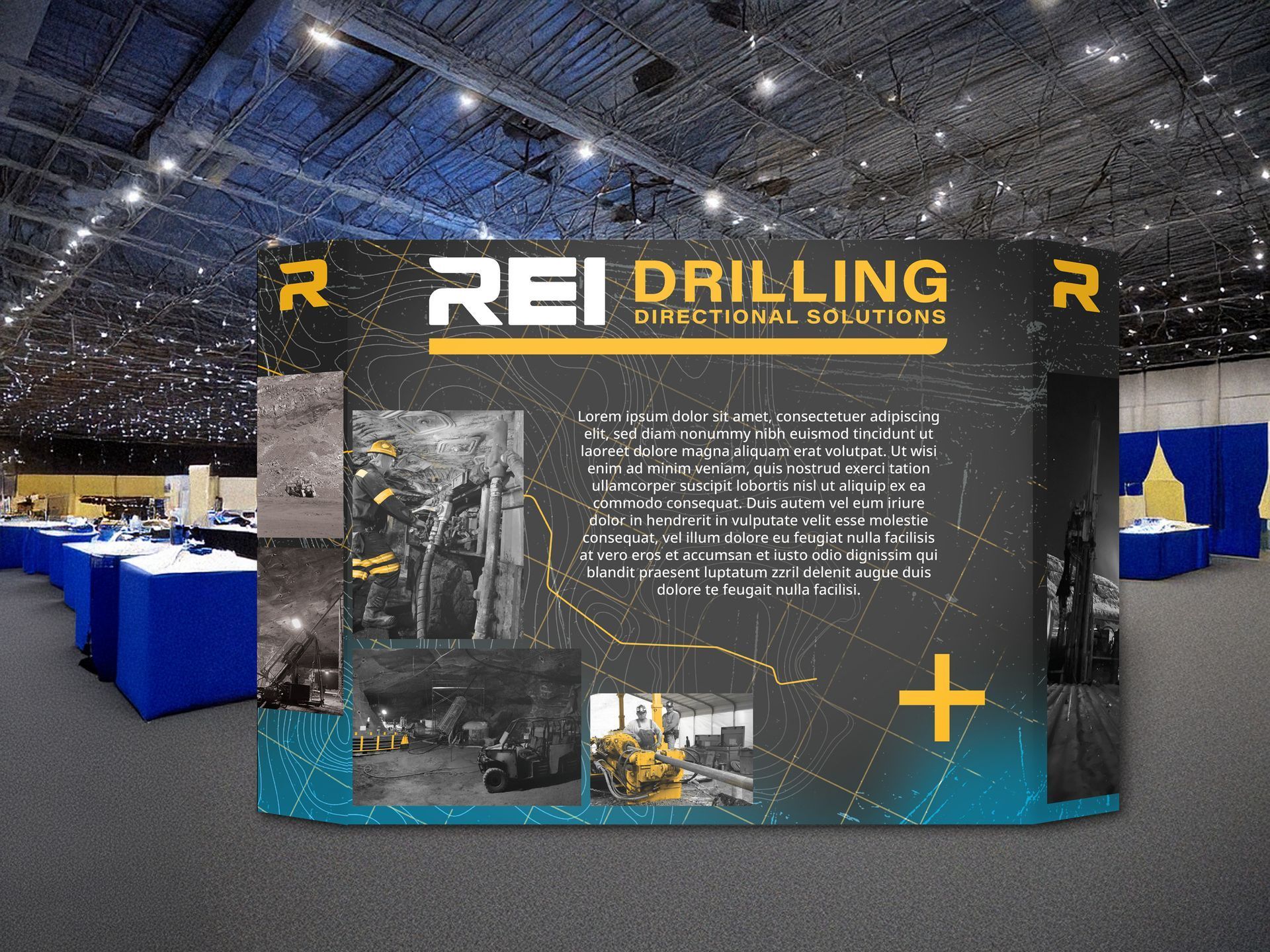 REI Drilling trade show booth with black banner, drilling photos, and yellow accents