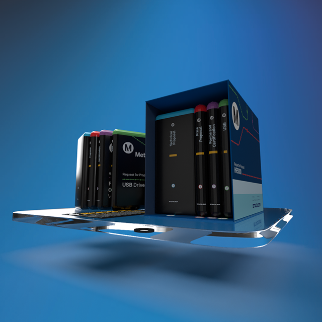 Blue 3D render of a battery box sitting on a shiny chrome platform against a blue gradient background