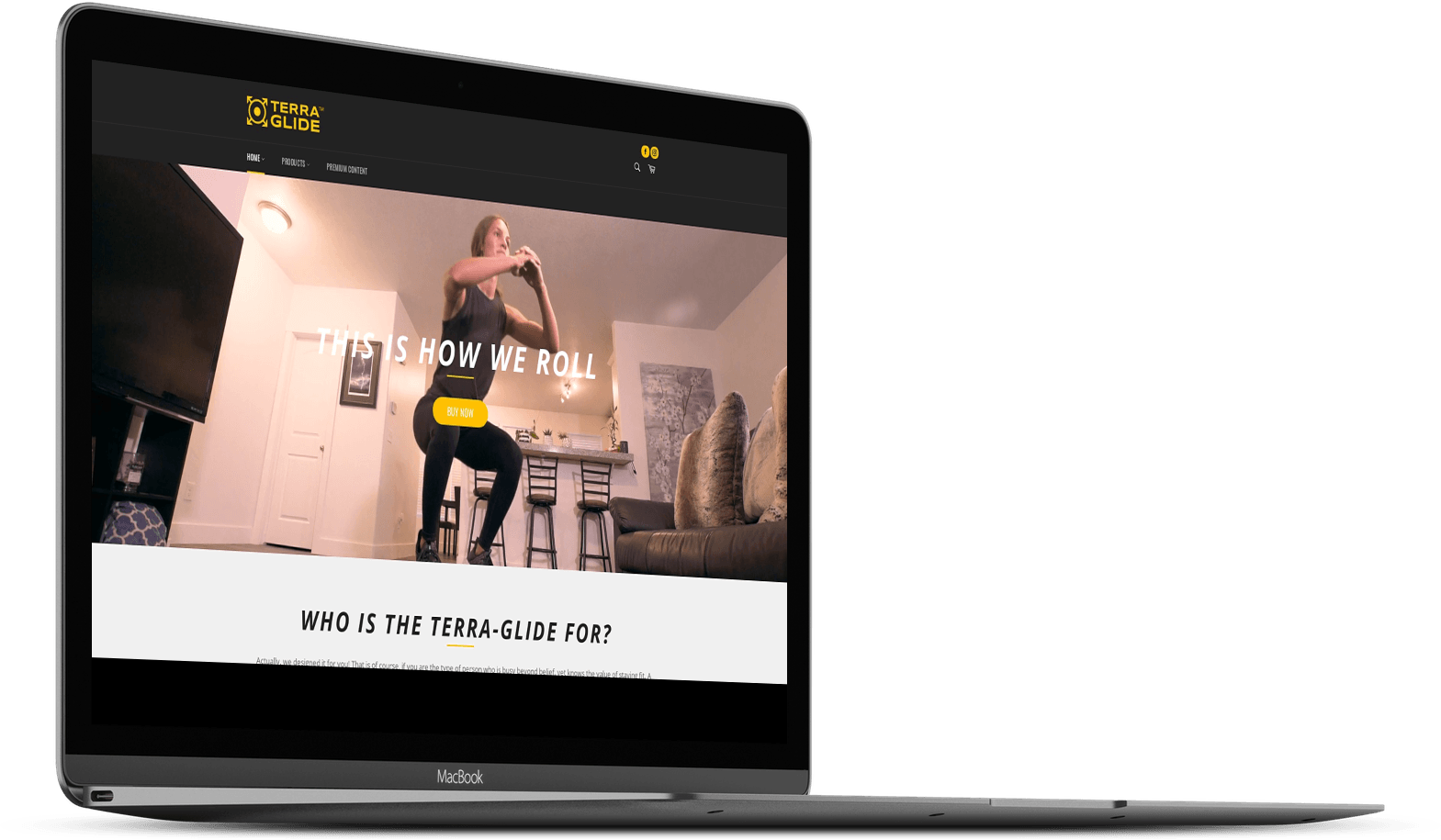 Laptop displaying a fashion website with a model and large hero image on screen