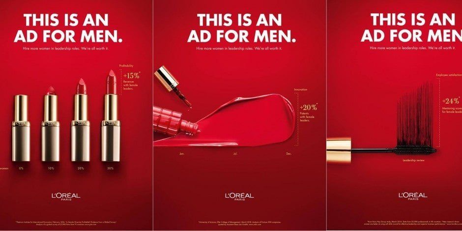 Red cosmetics ad with lipstick, nail polish brush, and mascara on a deep red background.
