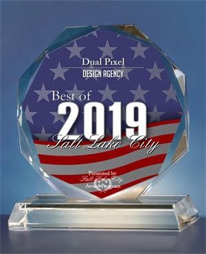 “Best of 2019” crystal award with U.S. flag design on a clear base