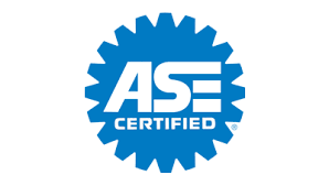 Blue ASE Certified logo with white text on a gear-shaped background.