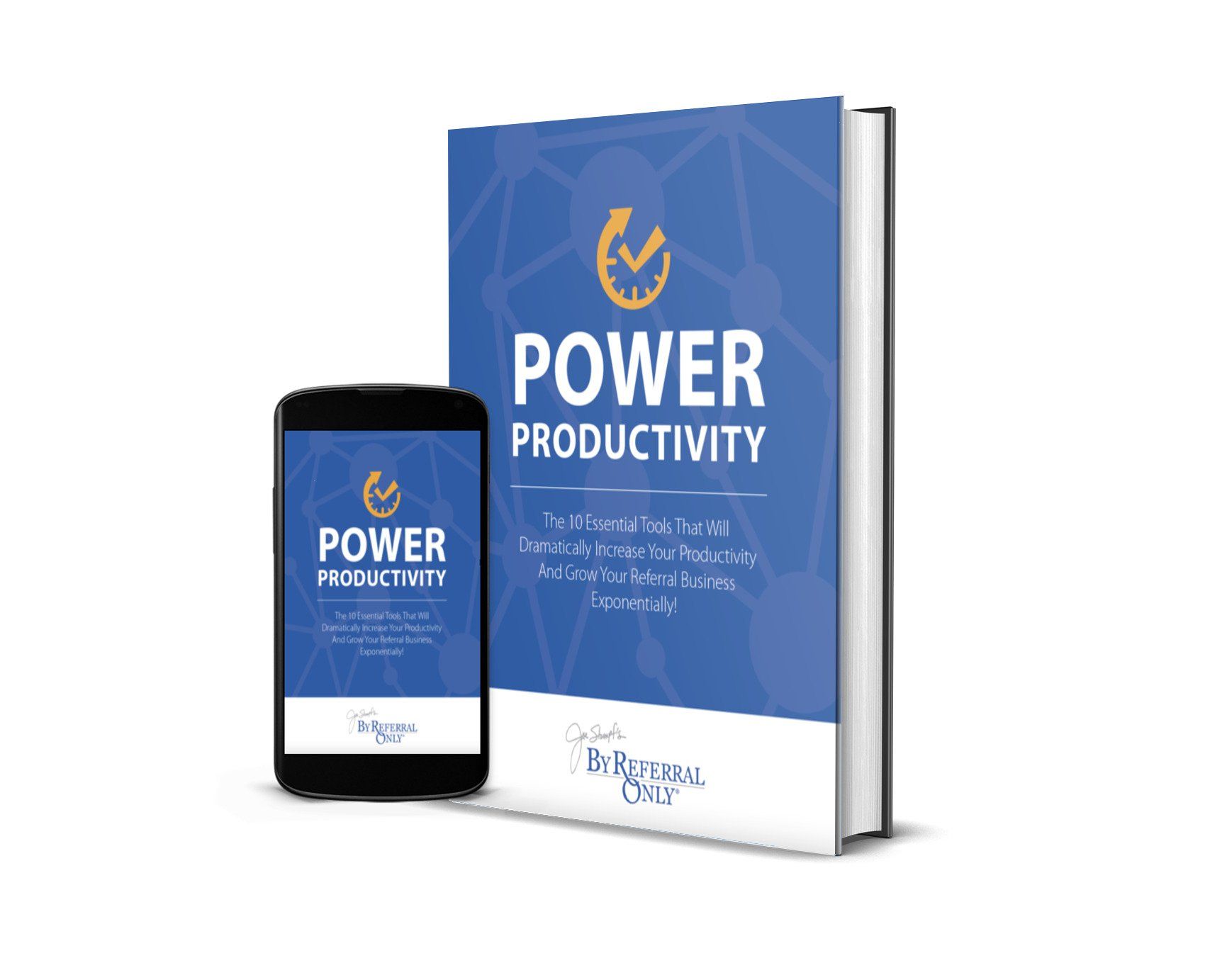 A digital book titled Power Productivity displayed next to a smartphone showing the same cover art on a white background.