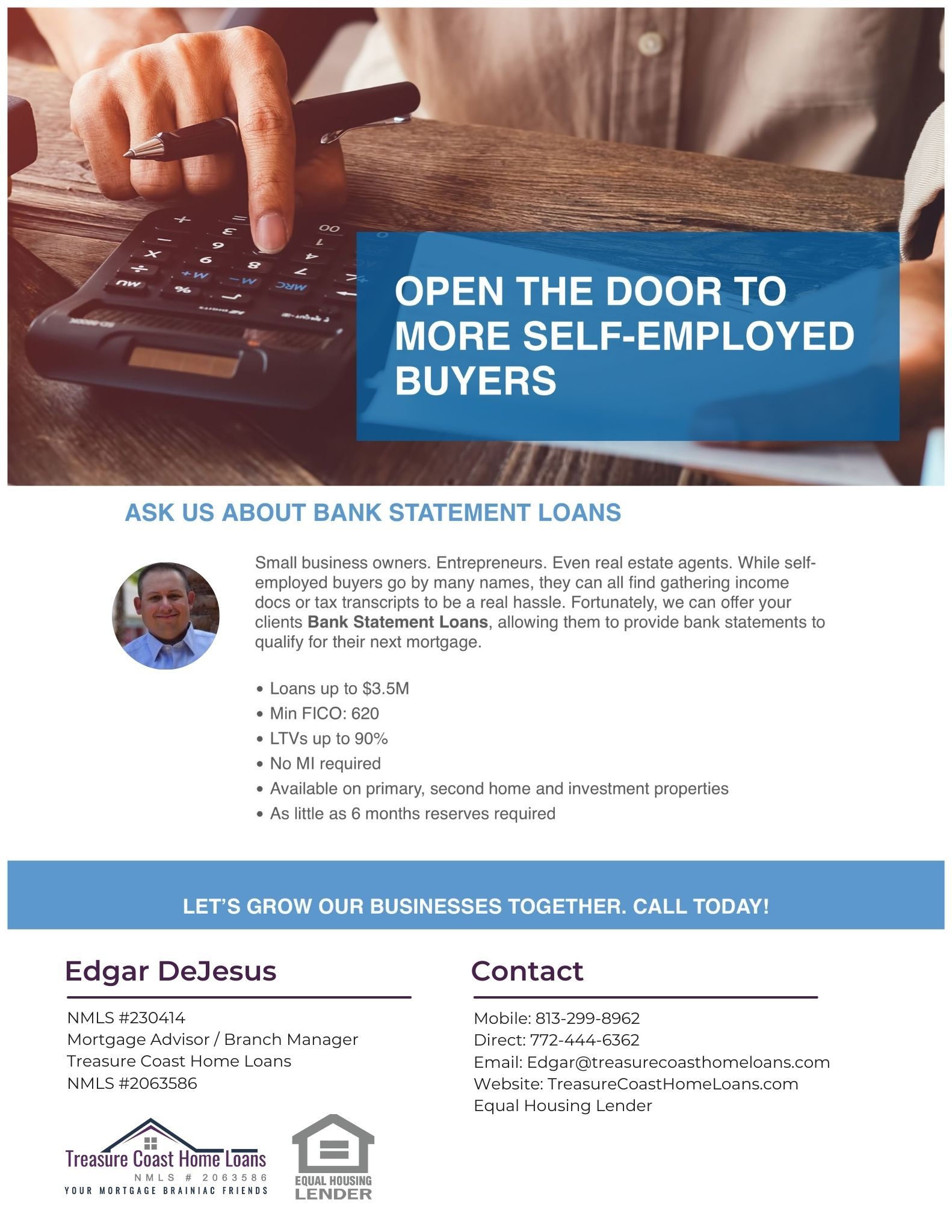 A flyer for mortgage services for self-employed buyers featuring loan officer Edgar DeJesus with contact information.