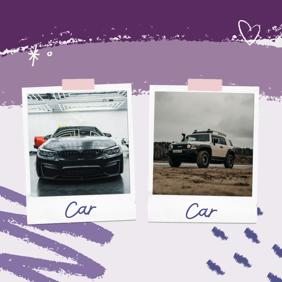 Two polaroid-style photos of cars side-by-side on a purple background. Left: a dark sports car; right: an off-road SUV.
