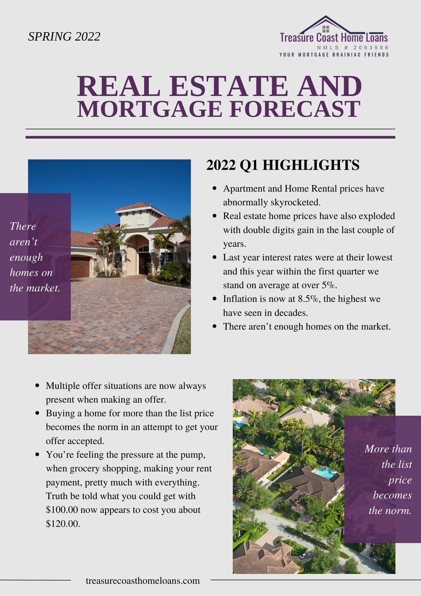 Real estate and mortgage market forecast flyer for Spring 2022 featuring property photos and a summary of 2022 Q1 highlights.
