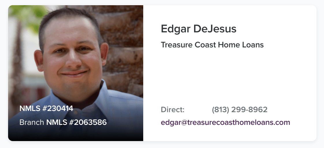 Professional business card for Edgar DeJesus of Treasure Coast Home Loans, featuring his portrait and contact details.