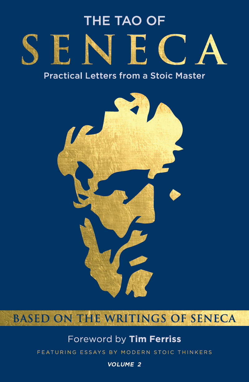 Book cover for The Tao of Seneca, featuring a gold silhouette of a face on a dark blue background with text.