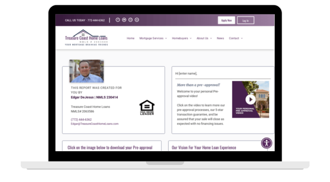 A laptop displaying the website of a mortgage services company featuring a professional profile and contact information.