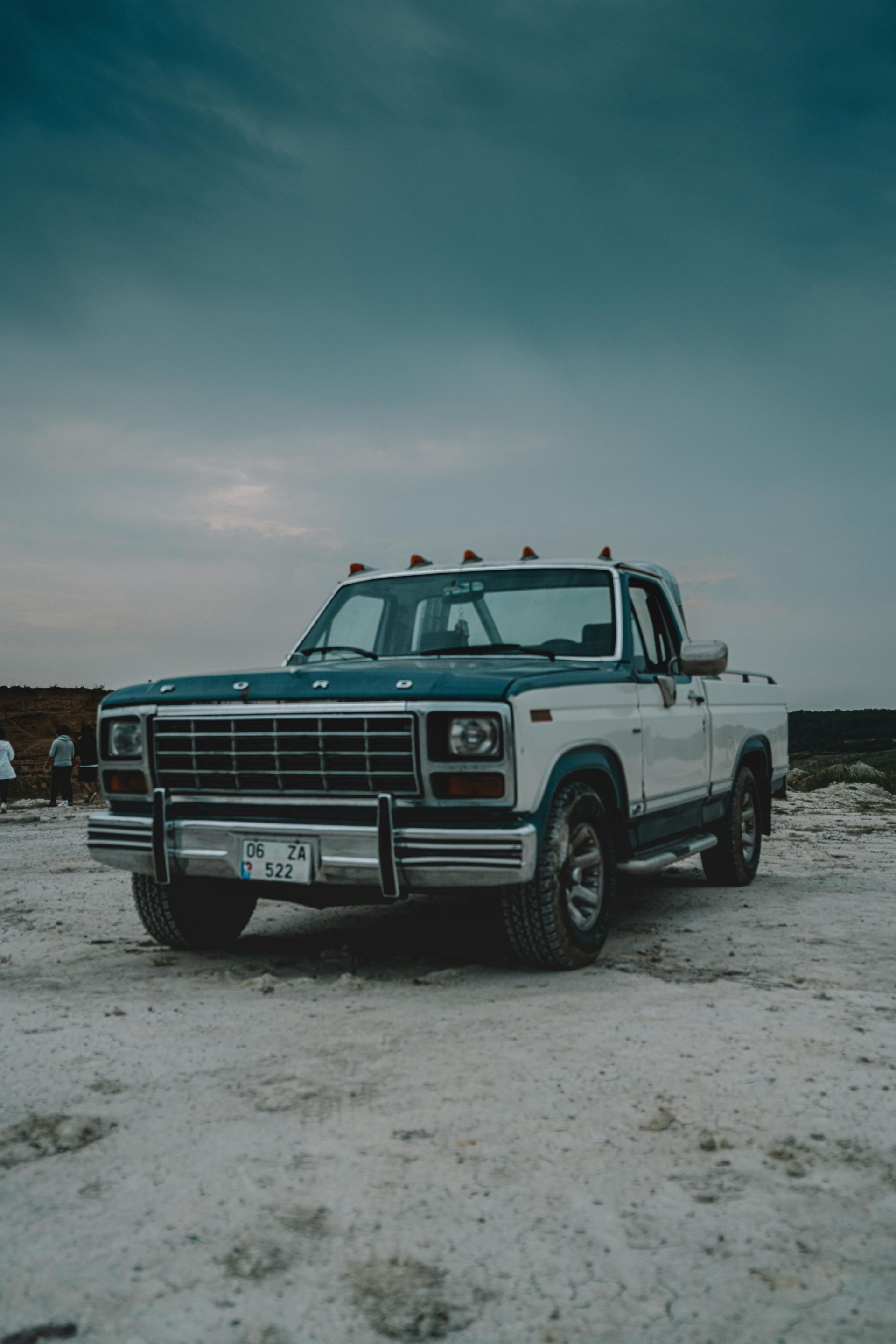 A blue and white truck is parked in a snowy field.