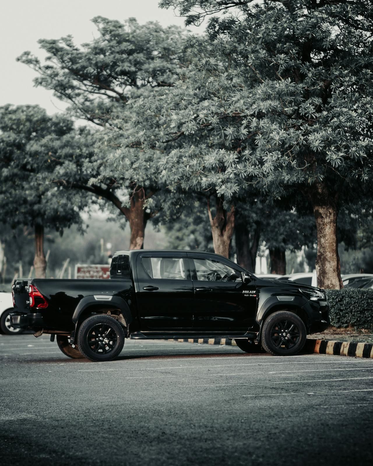 A black truck is parked in a parking lot surrounded by trees.
