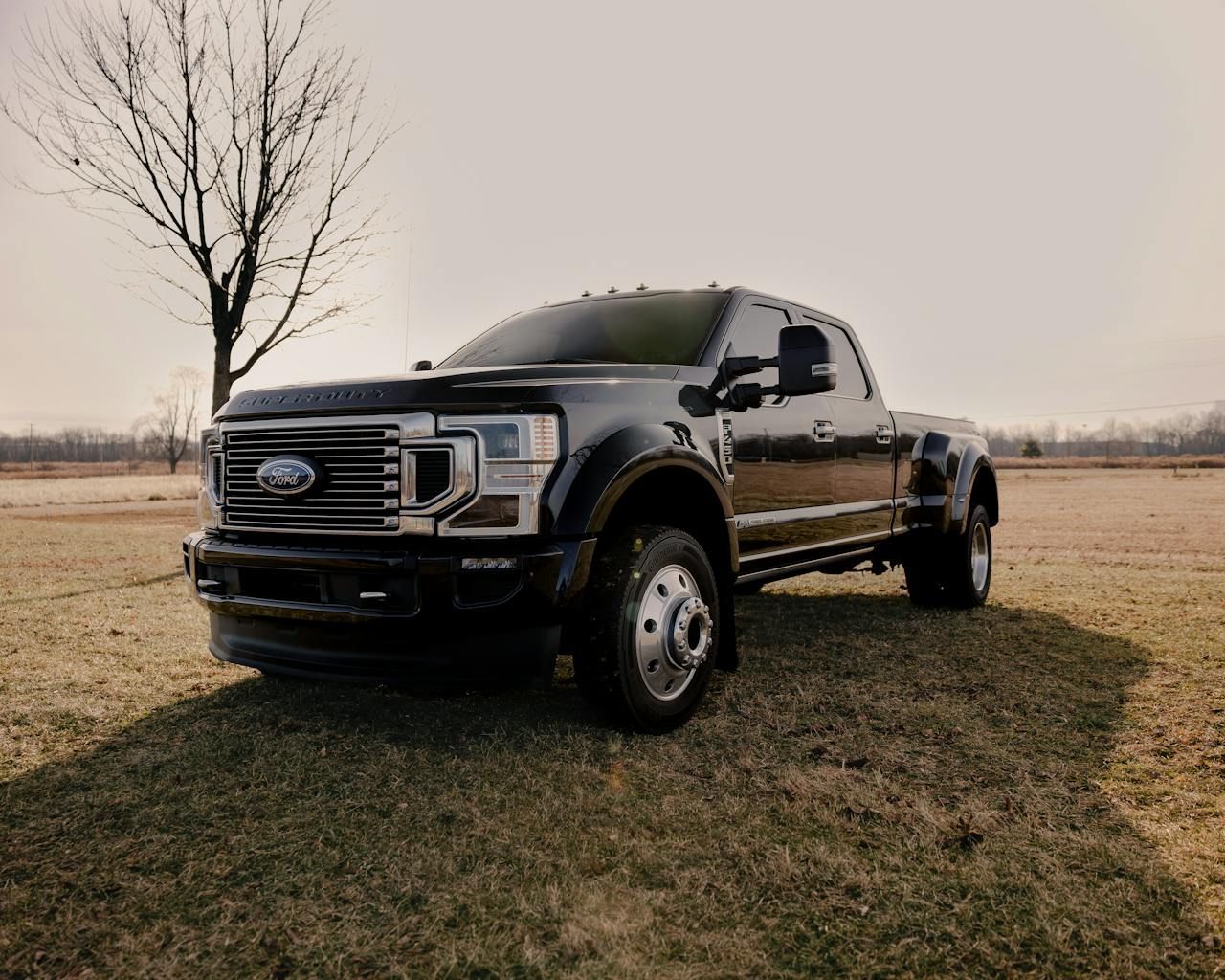 A black ford truck is parked in a grassy field.