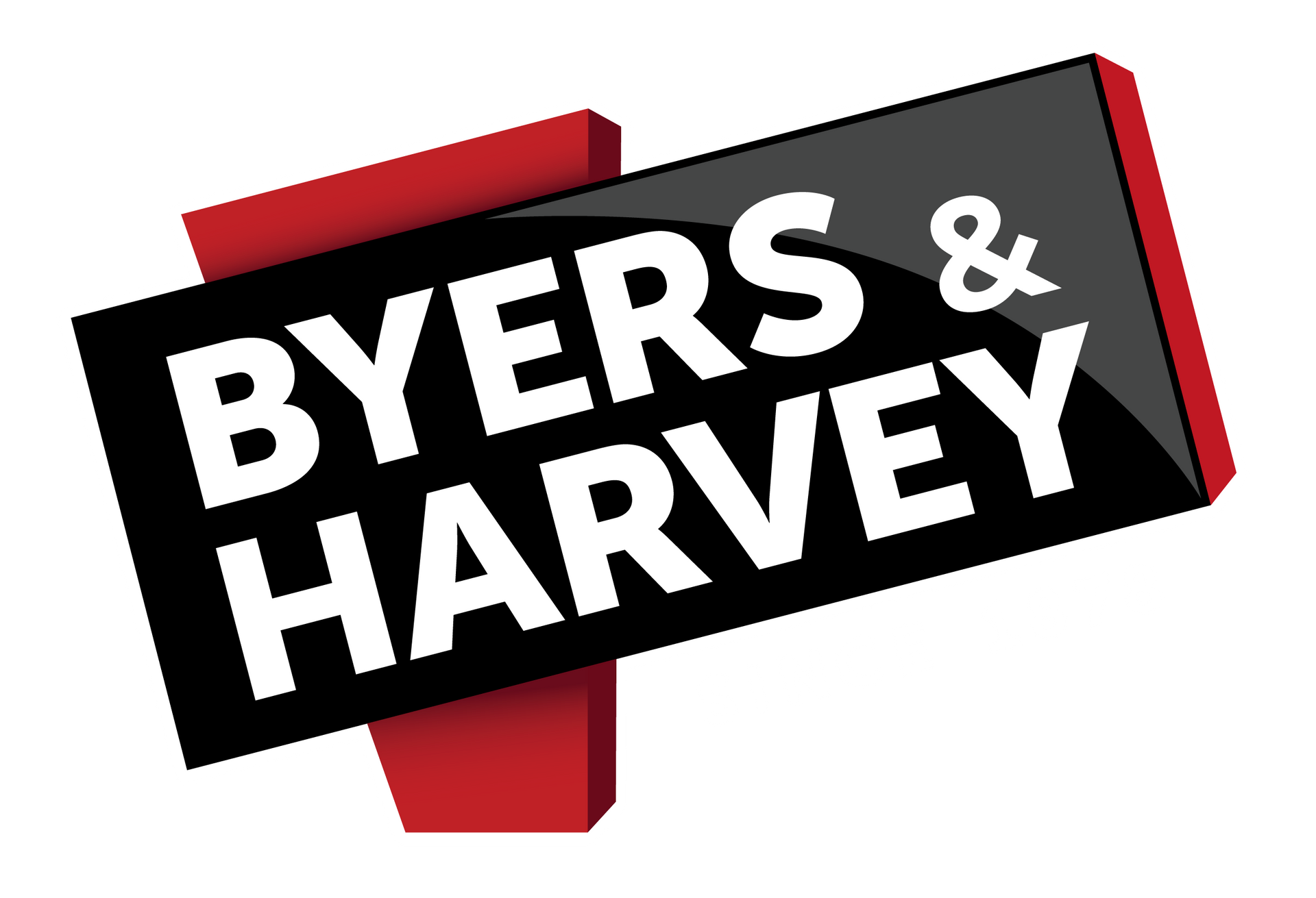The logo for Byers and Harvey is red and white.