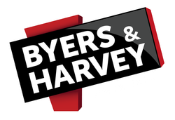 A red and white logo for Byers and Harvey, Inc.