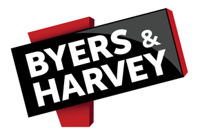 The logo for Byers and Harvey is red and white.