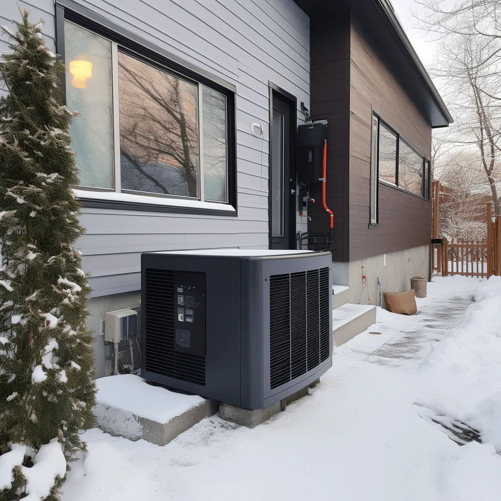 An air conditioning unit sits outside a modern gray building in the snow.
