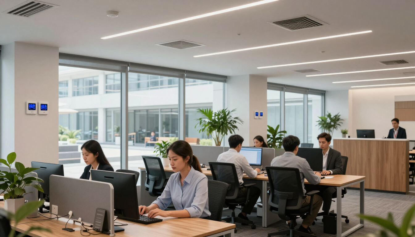 Office meeting room with coworkers around desks and a blue holographic water stream from the ceiling near the reception area