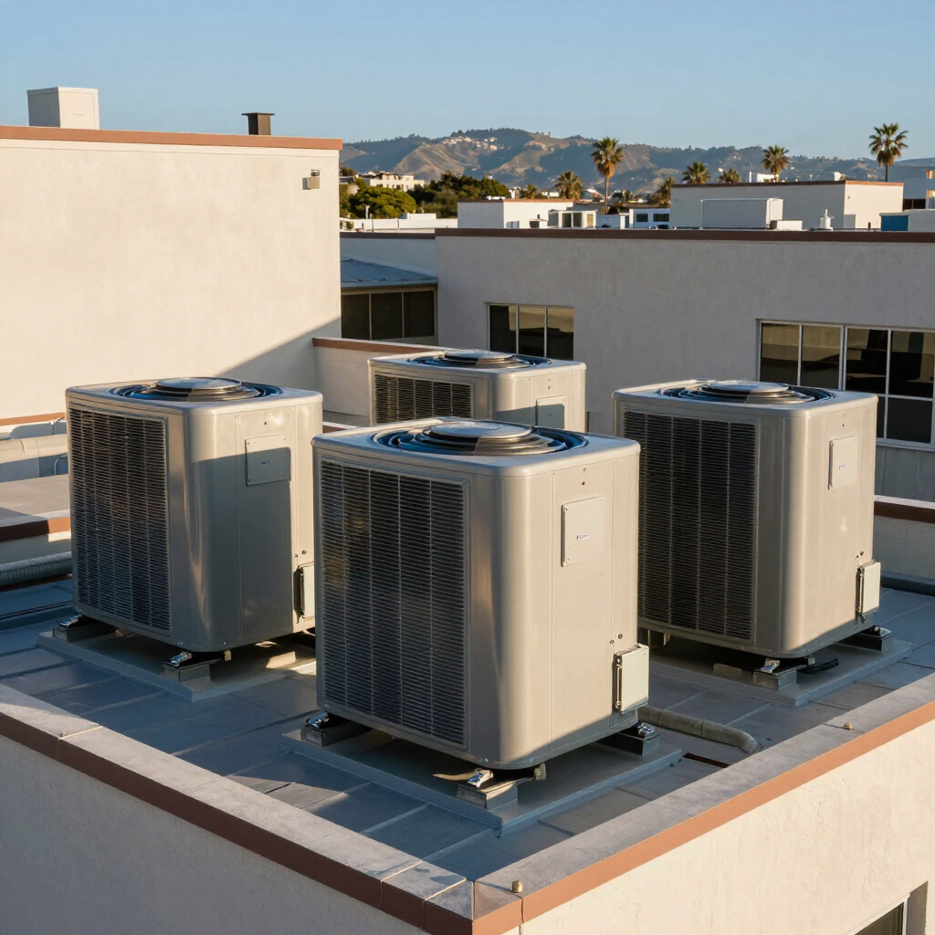 Three rooftop HVAC units on a flat commercial roof with mountains in the background