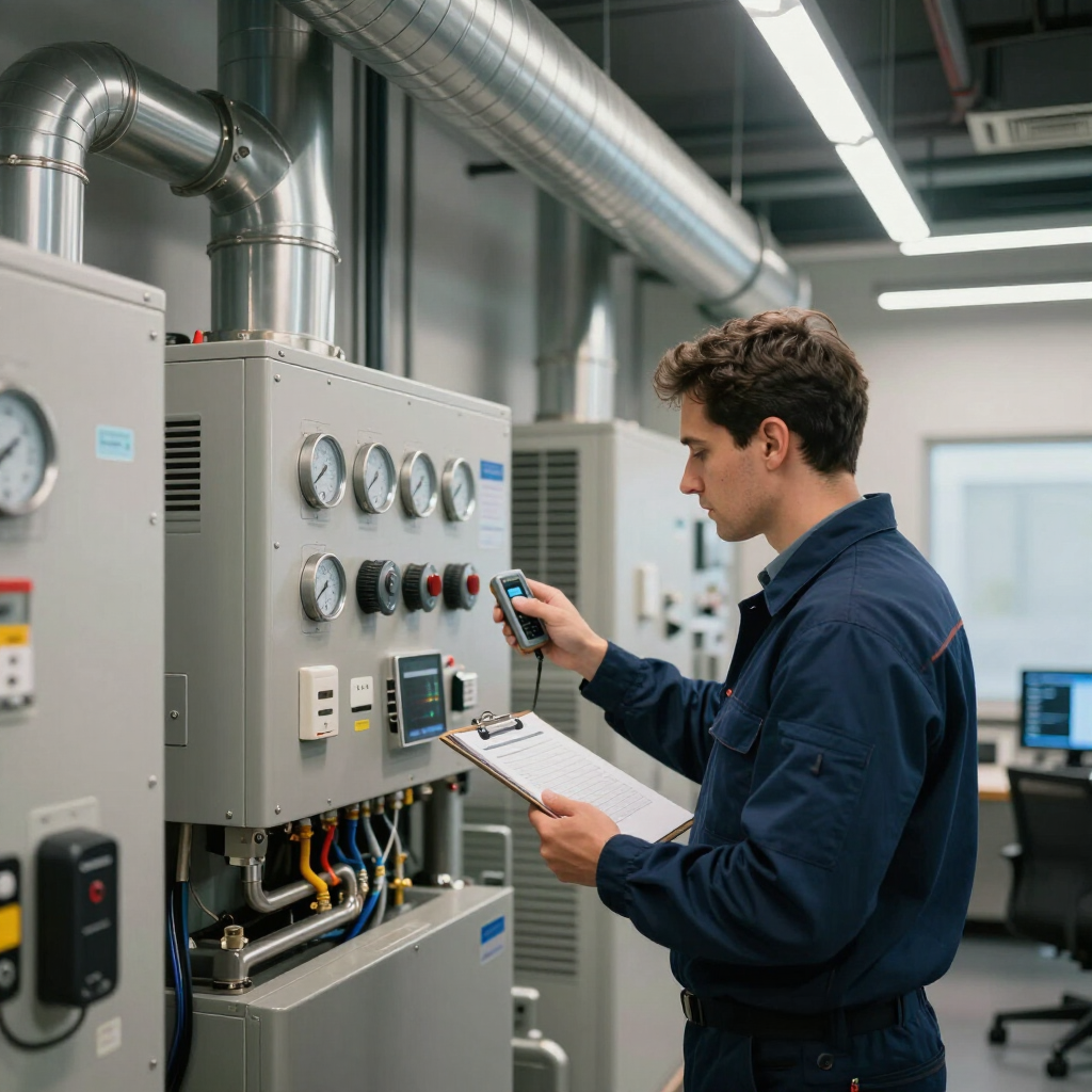 Technician in a blue uniform checks control panel gauges in an industrial facility