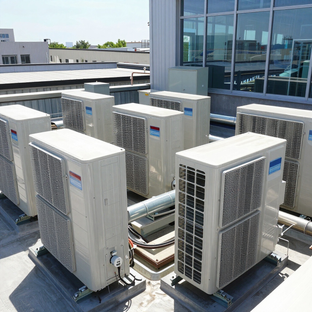 Rooftop air conditioning units with large fans and steam, surrounded by modern glass buildings.
