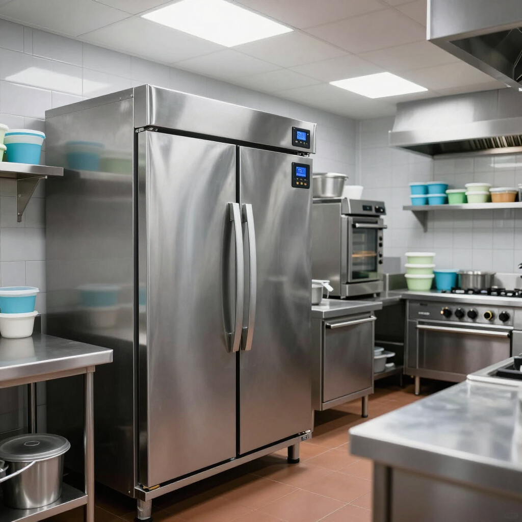 Commercial kitchen with stainless steel refrigerator, stove, and prep counters
