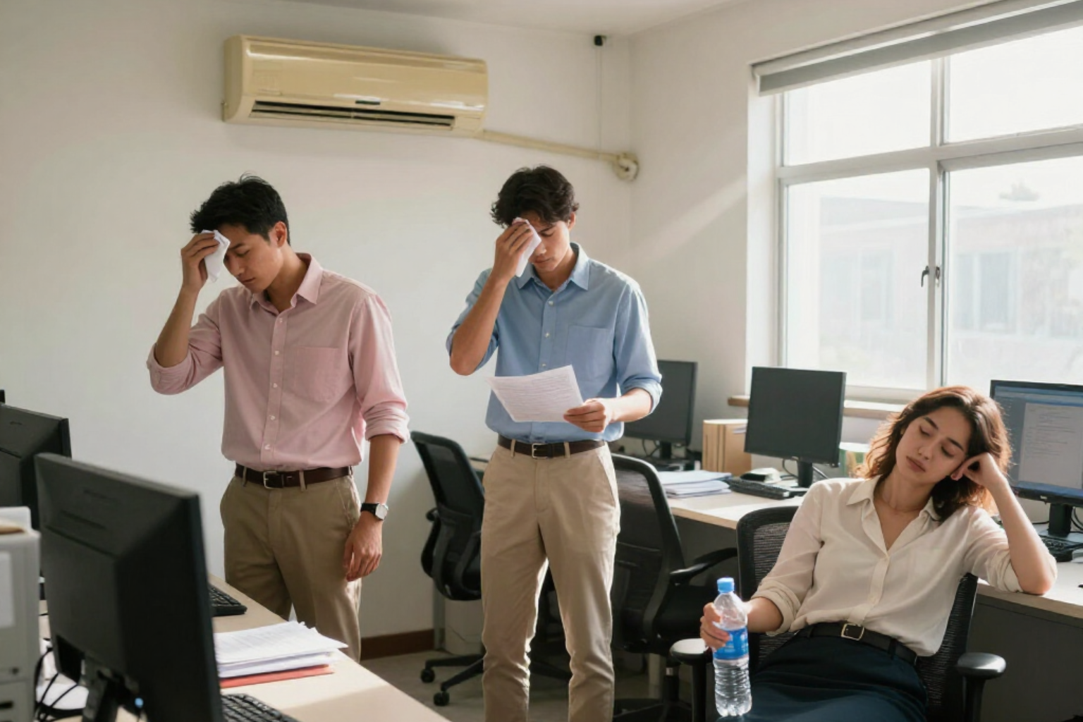 Three office workers look tired and stressed in a cluttered office, one seated with a water bottle.