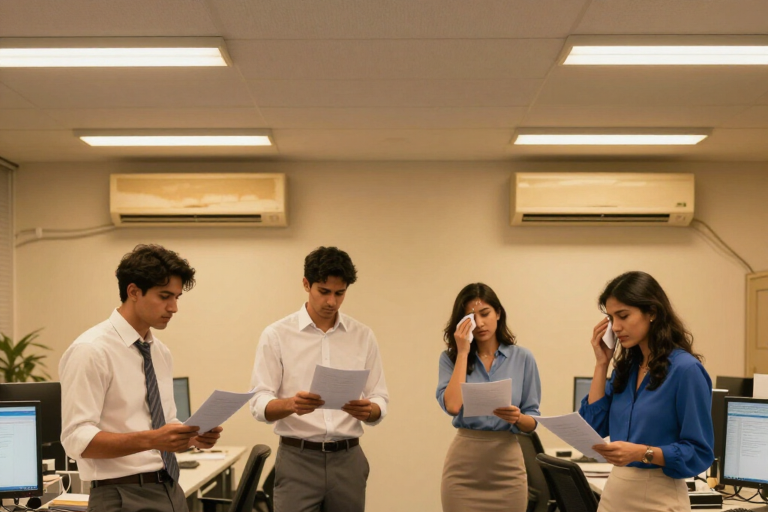Four office workers standing and reading papers in a bright conference room