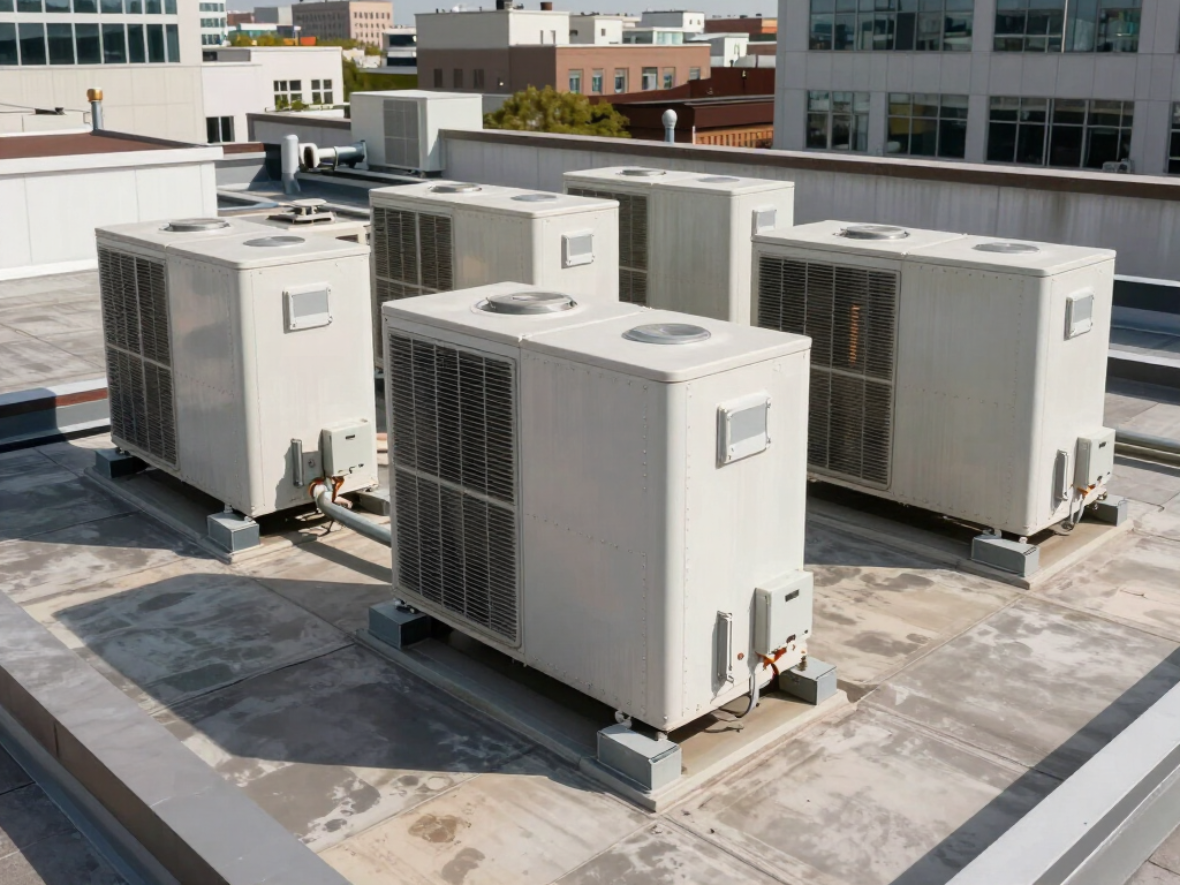 Rooftop HVAC units on a flat commercial building roof with city buildings in the background