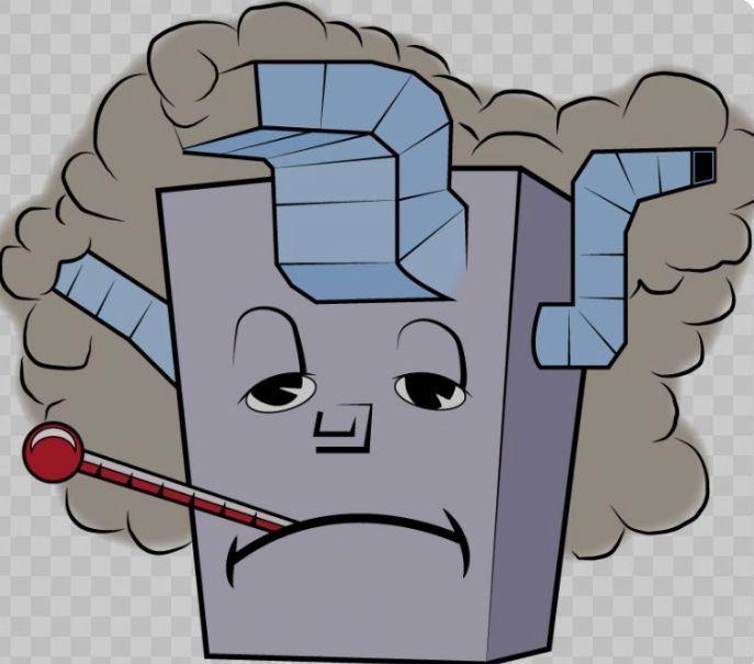 A box-shaped character with pipes and thermometer, looking ill with a sad expression and cloudy smoke.