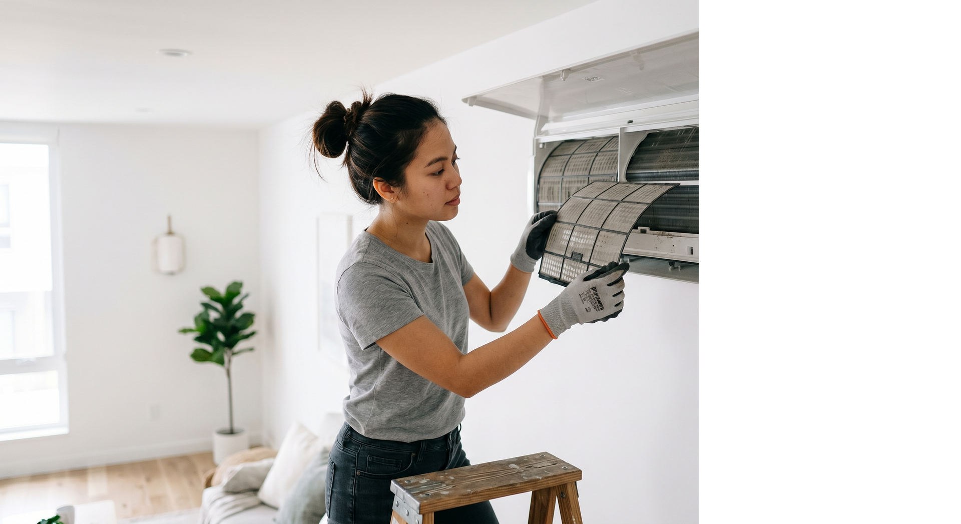 Person removing wallpaper from a wall in a bright room with a stool and houseplant nearby