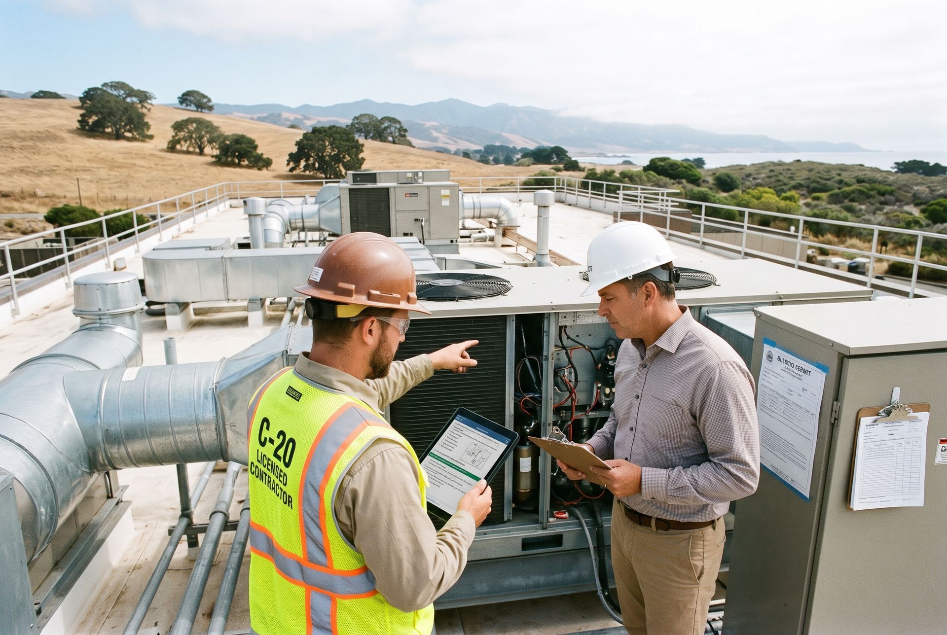 Two workers inspect rooftop HVAC equipment, one holding a tablet, in an open industrial landscape.