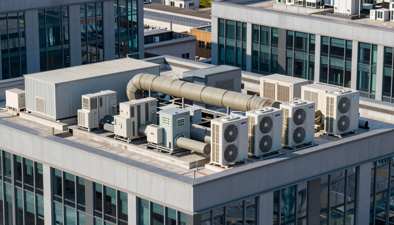 Rooftop HVAC units and ductwork on a modern office building.