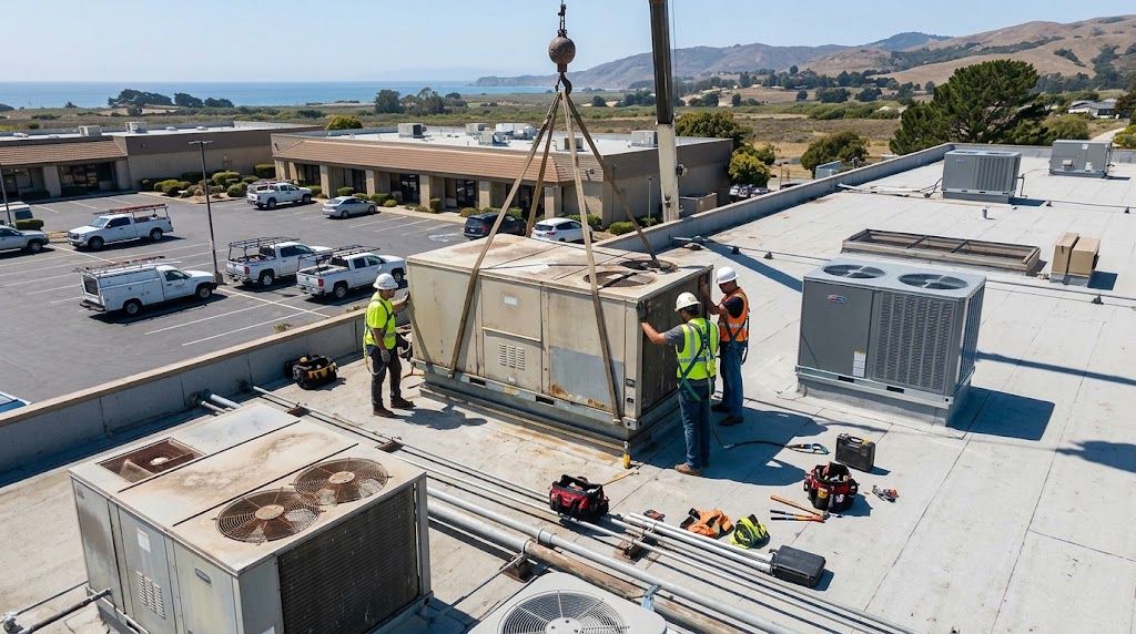 Workers hoist a rooftop HVAC unit with a crane on a commercial building rooftop.