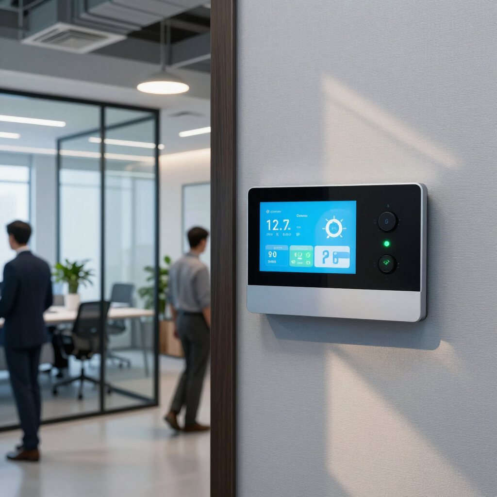 Wall-mounted digital thermostat with blue display in a modern office hallway