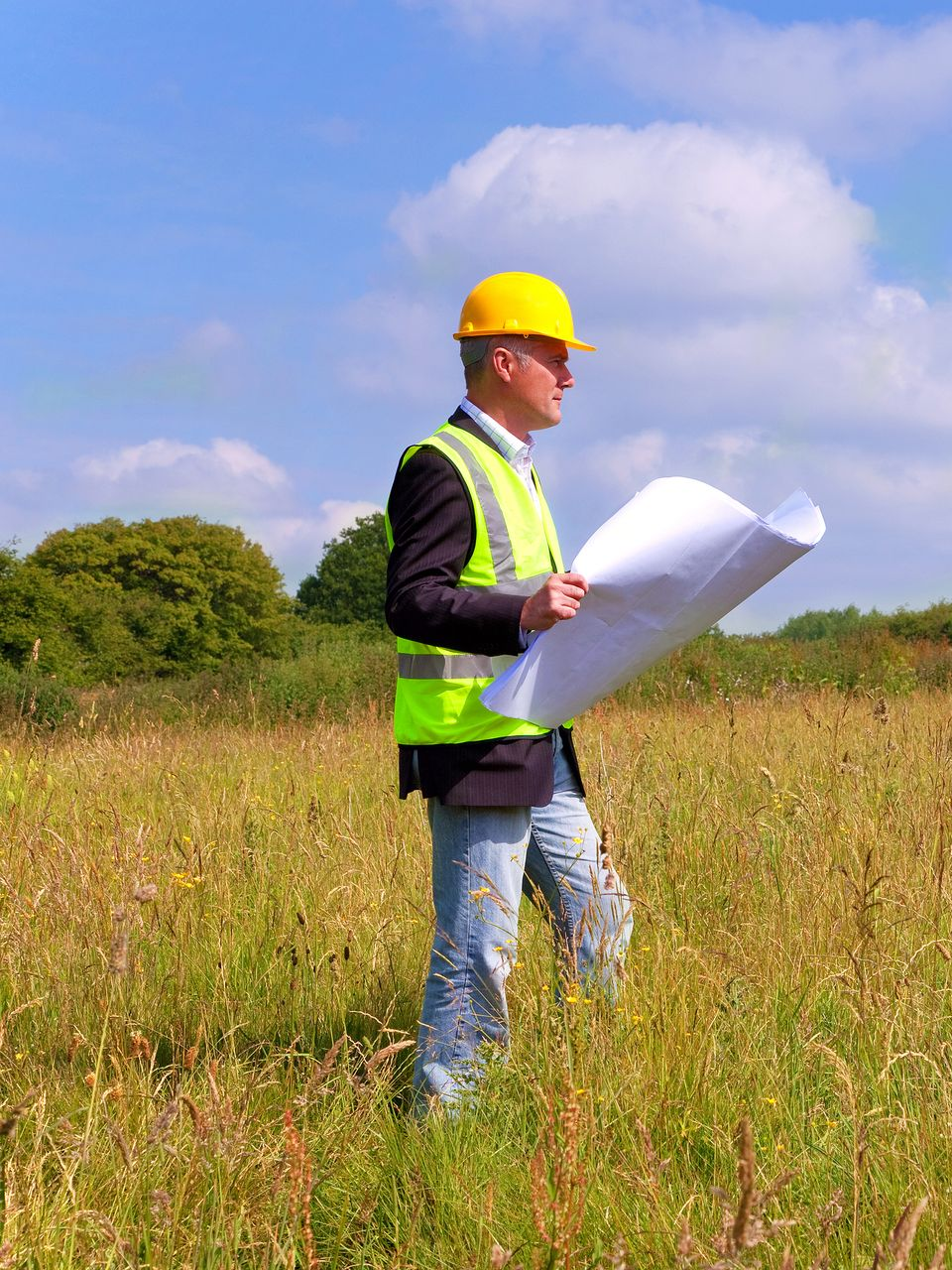 Construction worker in hard hat and safety vest studying a blueprint in a grassy field