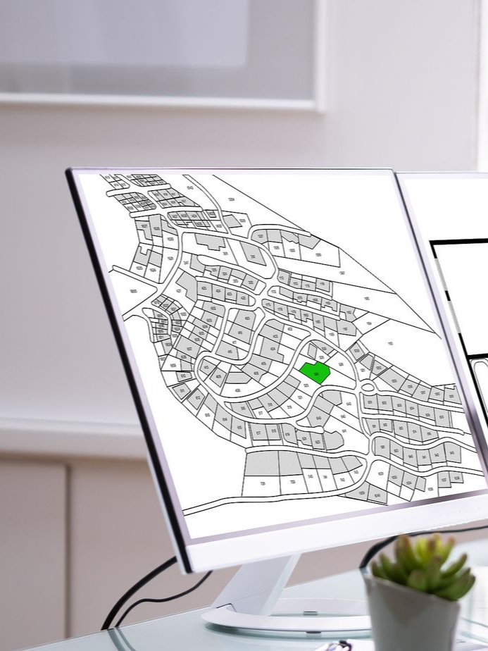 Desktop monitor displaying a black-and-white city map with a highlighted green area
