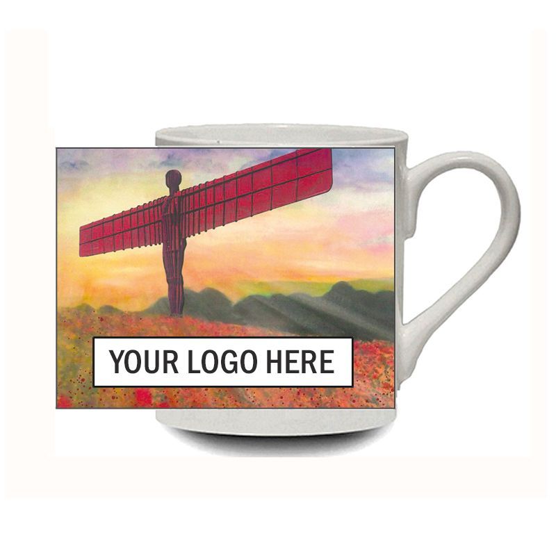 White mug with a scenic sunset print, red winged figure, and a “YOUR LOGO HERE” placeholder label