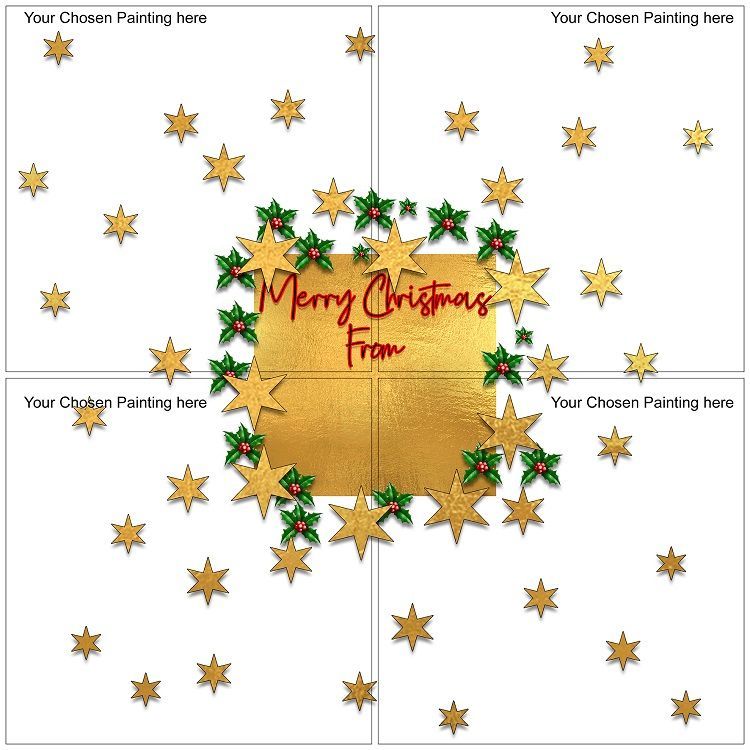 Christmas card template with gold stars, a green wreath, and “Merry Christmas” in red on a white background