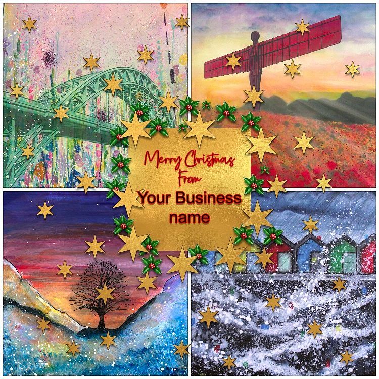 Merry Christmas business-name collage with colorful holiday scenes, stars, bridge, sign, sunset, and snowy houses