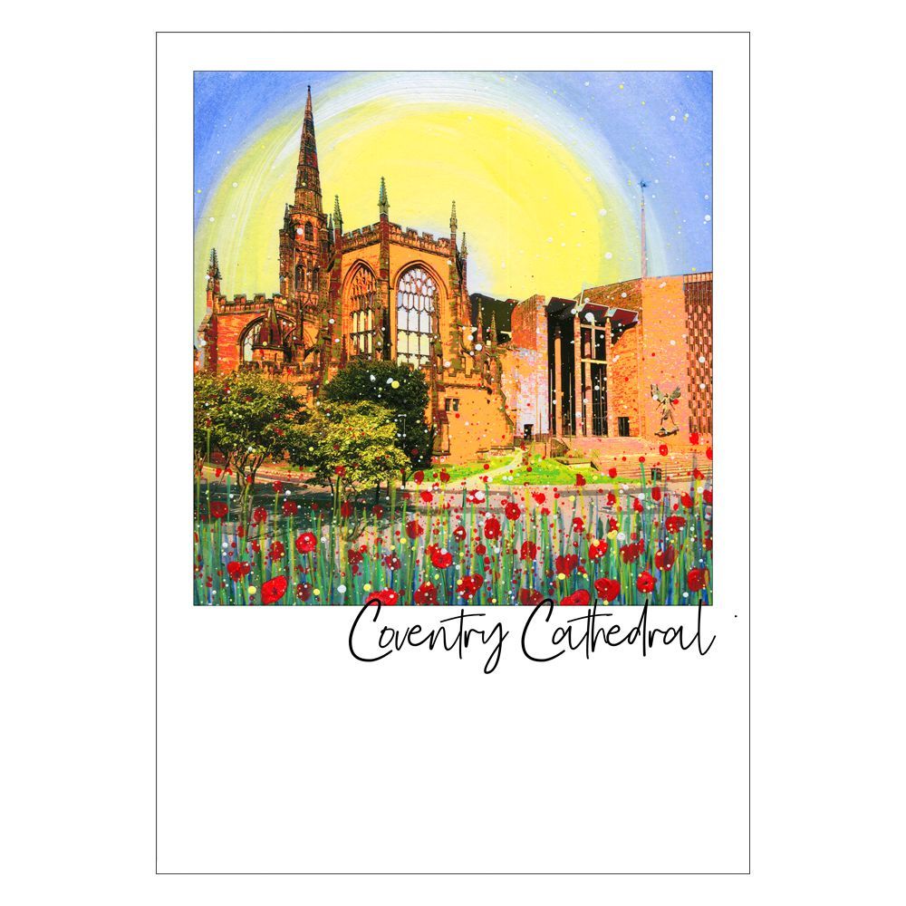 Colorful illustration of Coventry Cathedral with a bright sky and flowers in front