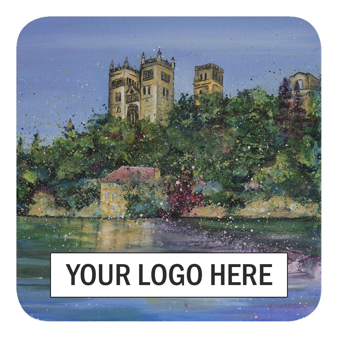 Painted castle above a hillside lake with a blank logo banner at the bottom.