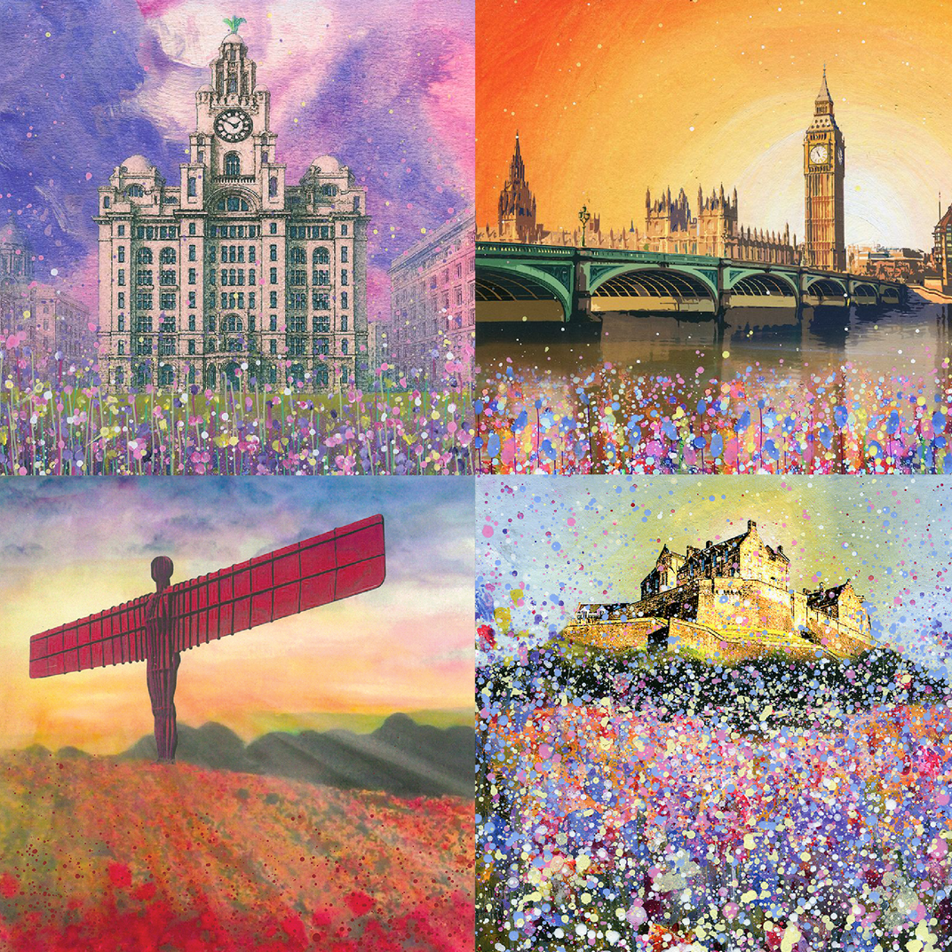 Four-panel collage of London landmarks, including Big Ben, the Angel of the North, and a red city sculpture.