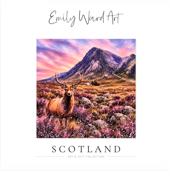 Scotland landscape art with a deer in a pink wildflower meadow beneath purple mountains at sunset