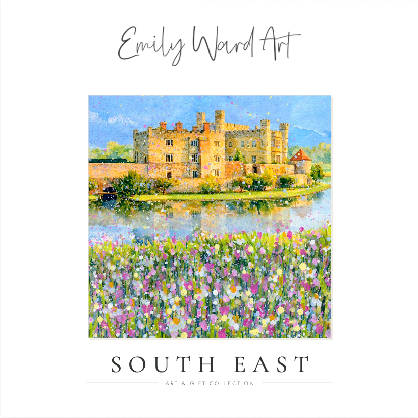 Painting of a yellow castle by water with purple flowers in the foreground and “South East” text below